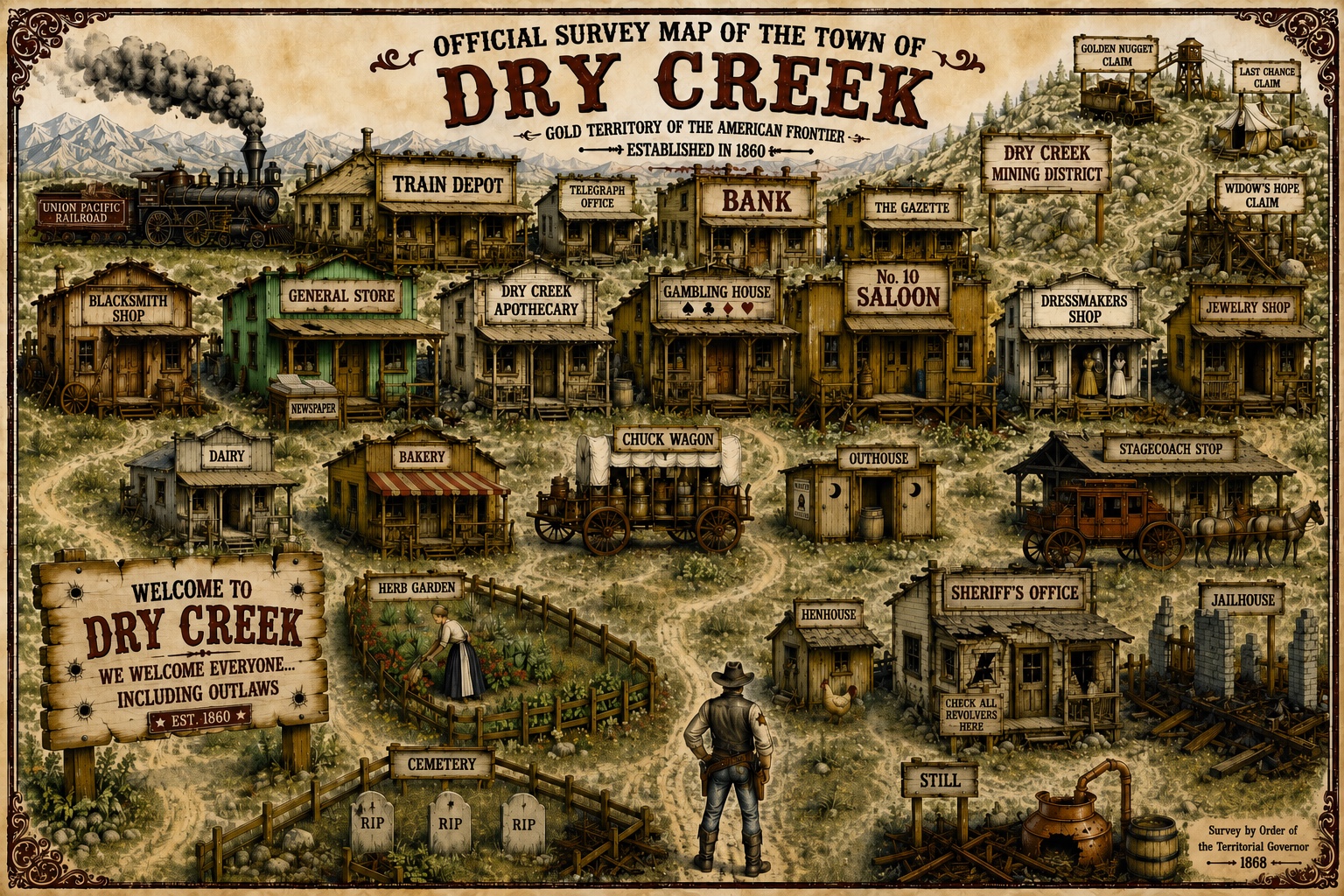 Official illustrated map of the frontier town of Dry Creek